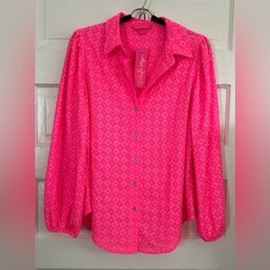 Lilly Pulitzer Seabreeze Eyelet Vibrant Pink Button-Down Shirt, size L